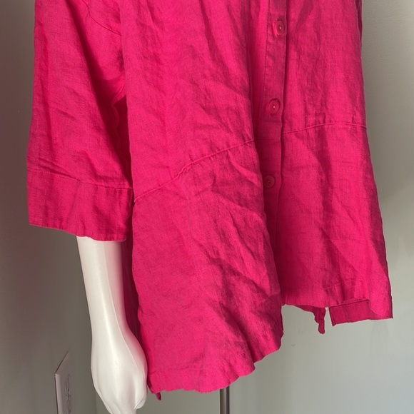 FLAX Pink Linen Lagenlook Button Front Collared Blouse - Picture 3 of 7